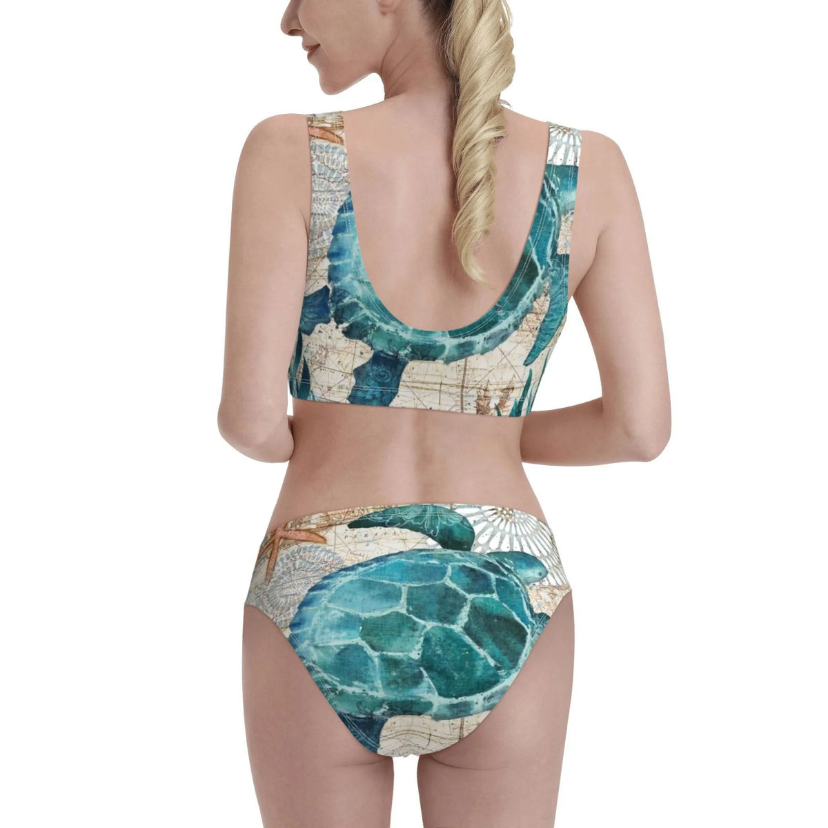 Watercolor Sea Turtle High Waisted Bikini Sets Two Pieces Swimsuits With Removable Soft Chest Pad N499