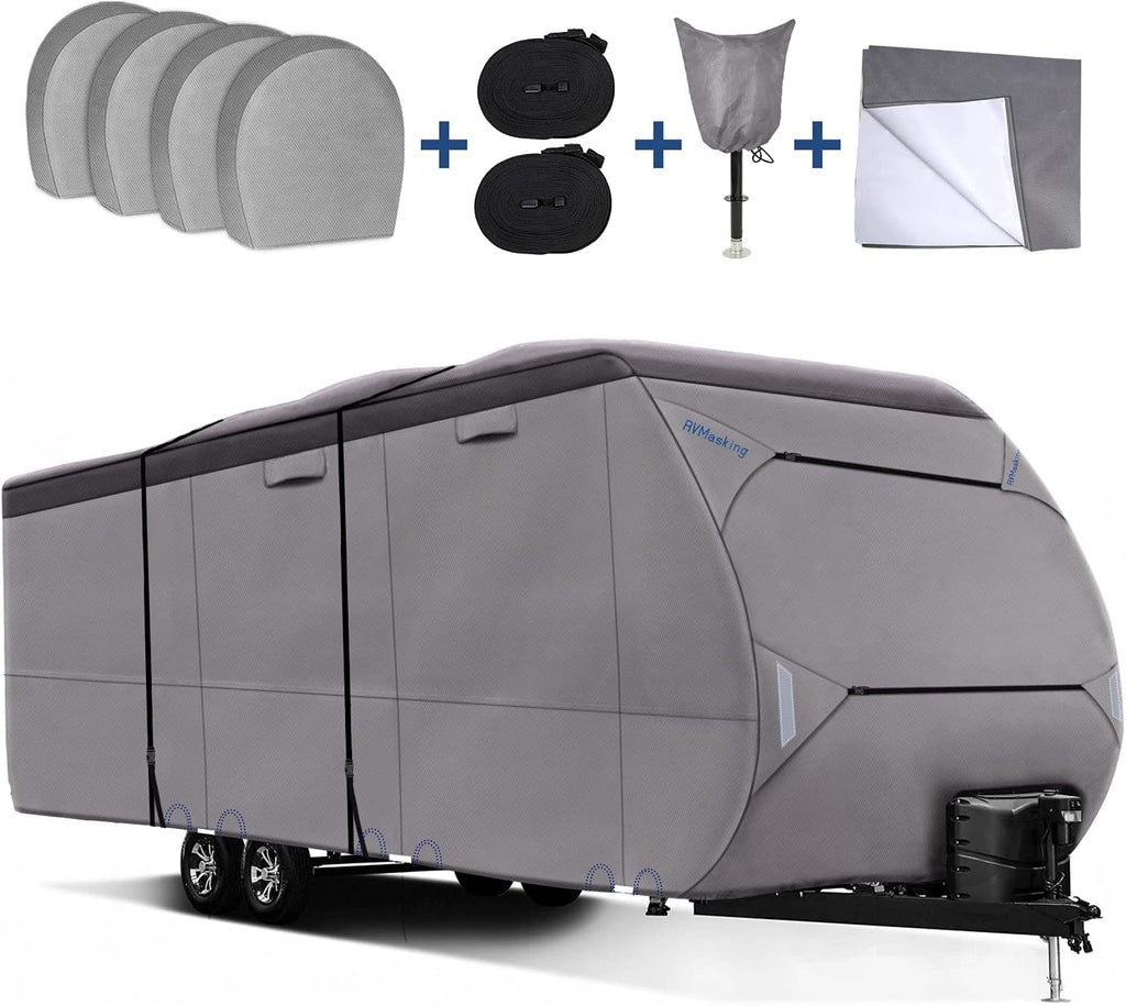Upgraded Waterproof 500D Travel Trailer RV Cover with 4 Tire Covers, Tongue Jack Cover S59886