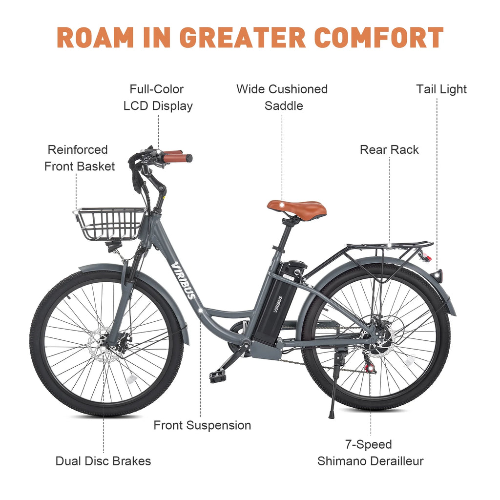 26" Electric Bike 7 Speed 20mph Black T6521