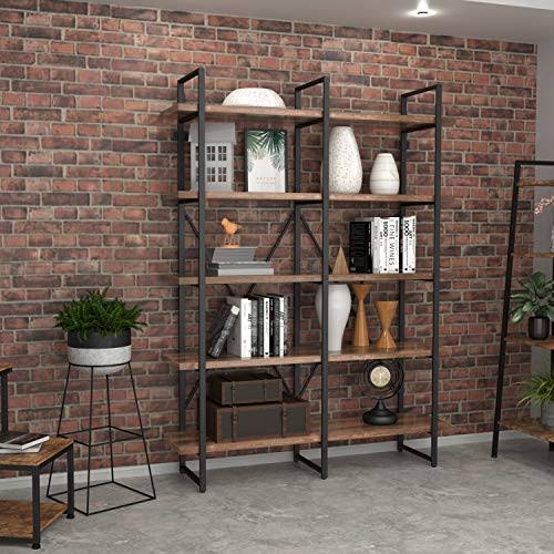 Double Wide 5-Tier Open Bookcase Wood and Metal Shelves A64832
