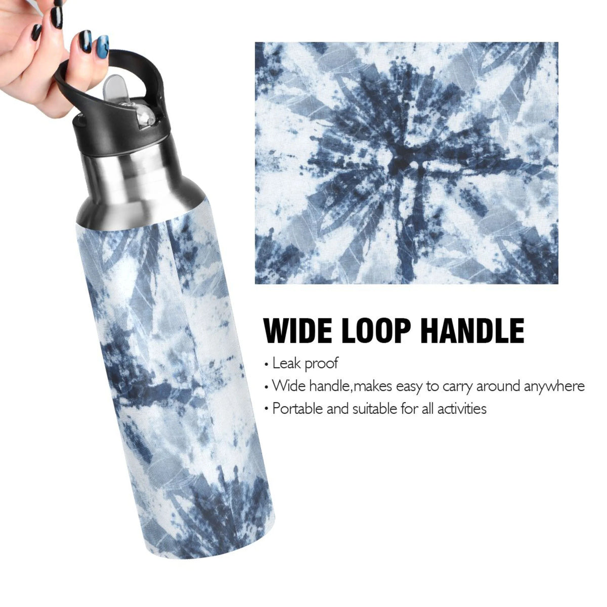 Tie-dye Blue Stainless Steel Insulated Water Bottle with Straw Lid H2723