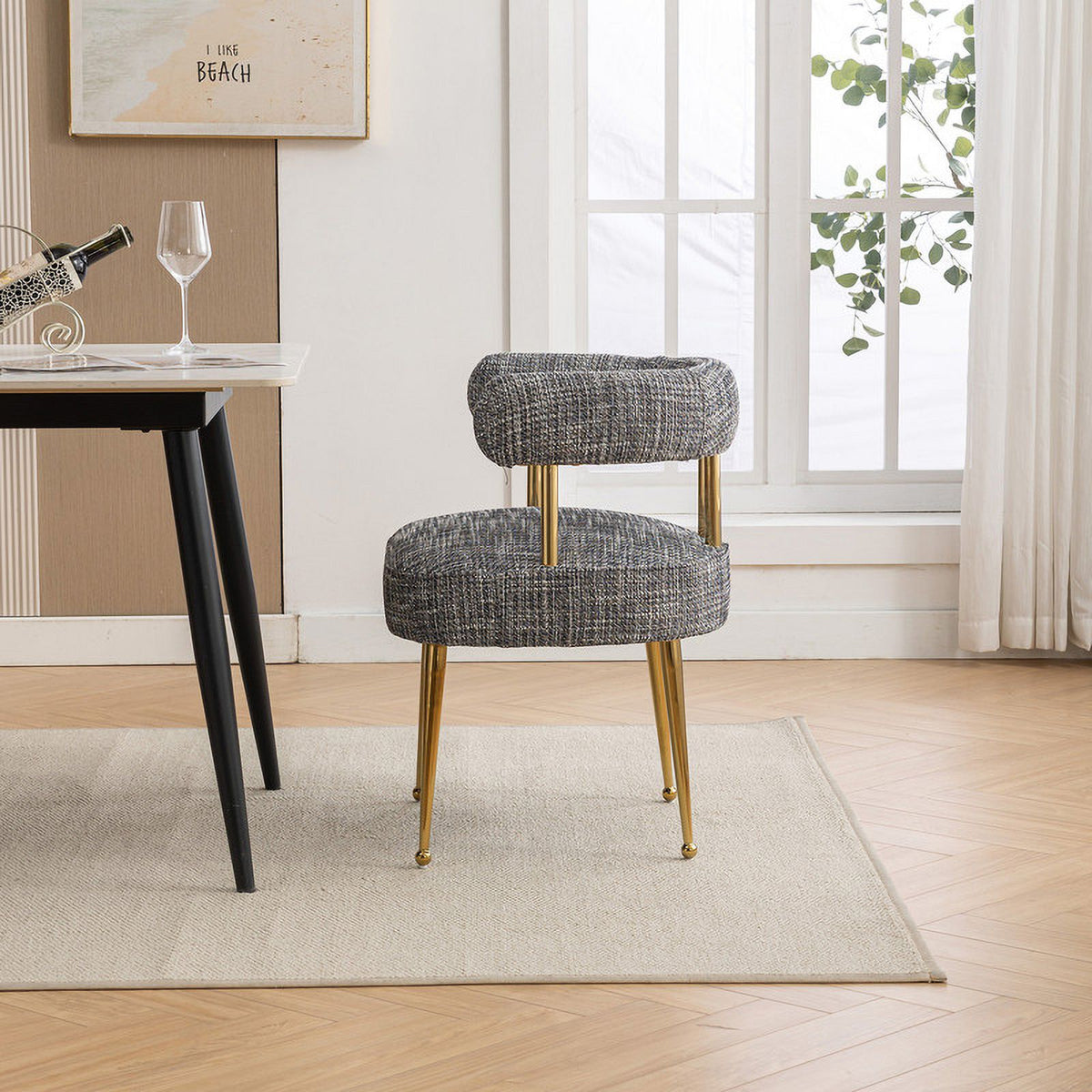 Mid-Century Modern Linen Fabric Dining Chair with Gold Legs X777281