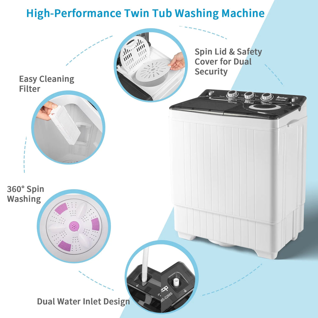 Semi-automatic Twin Tub Washing Machine with Built-in Drain Pump, 26Lbs, White&Black C830208