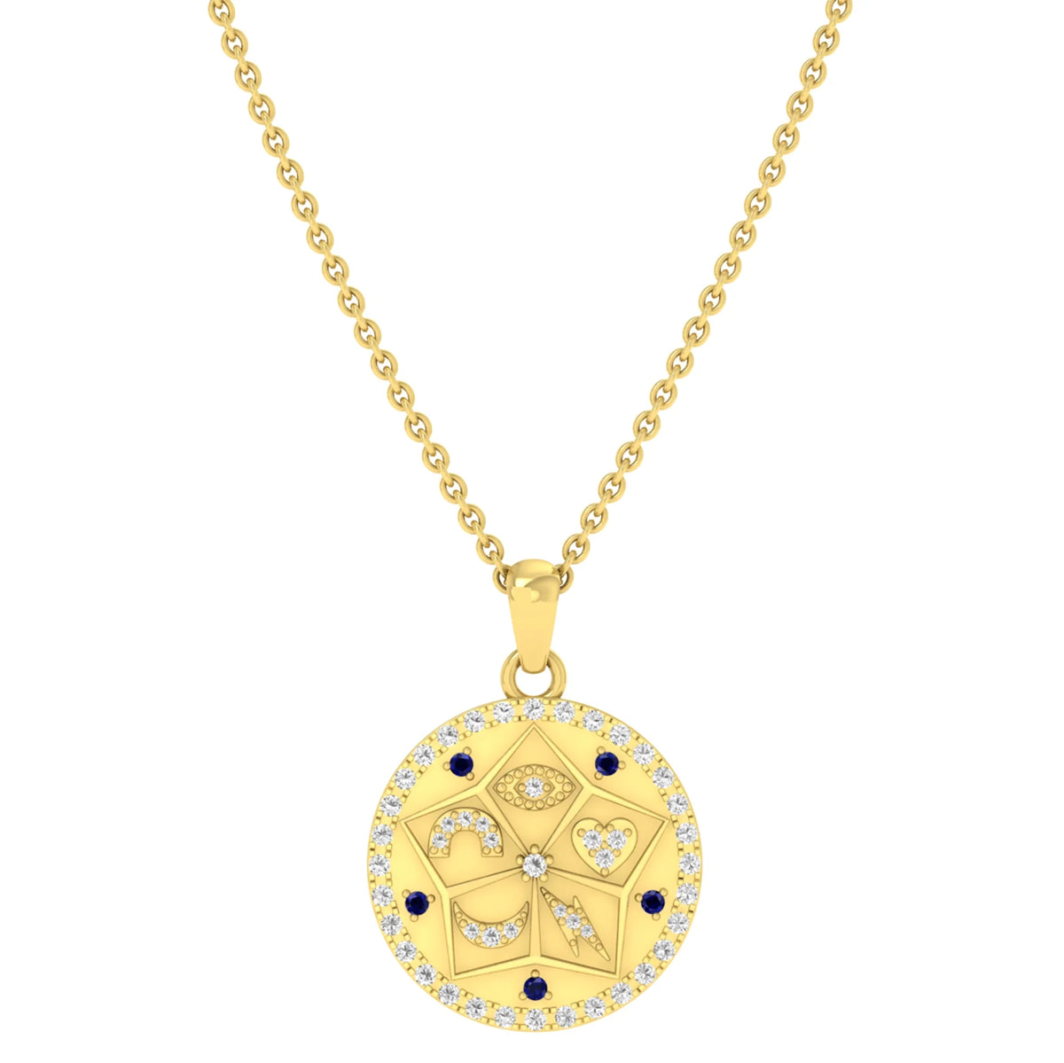 Round Blue Sapphire & White Diamond Chain Pendant Necklace in Yellow Gold Plated 925 Sterling Silver O602836