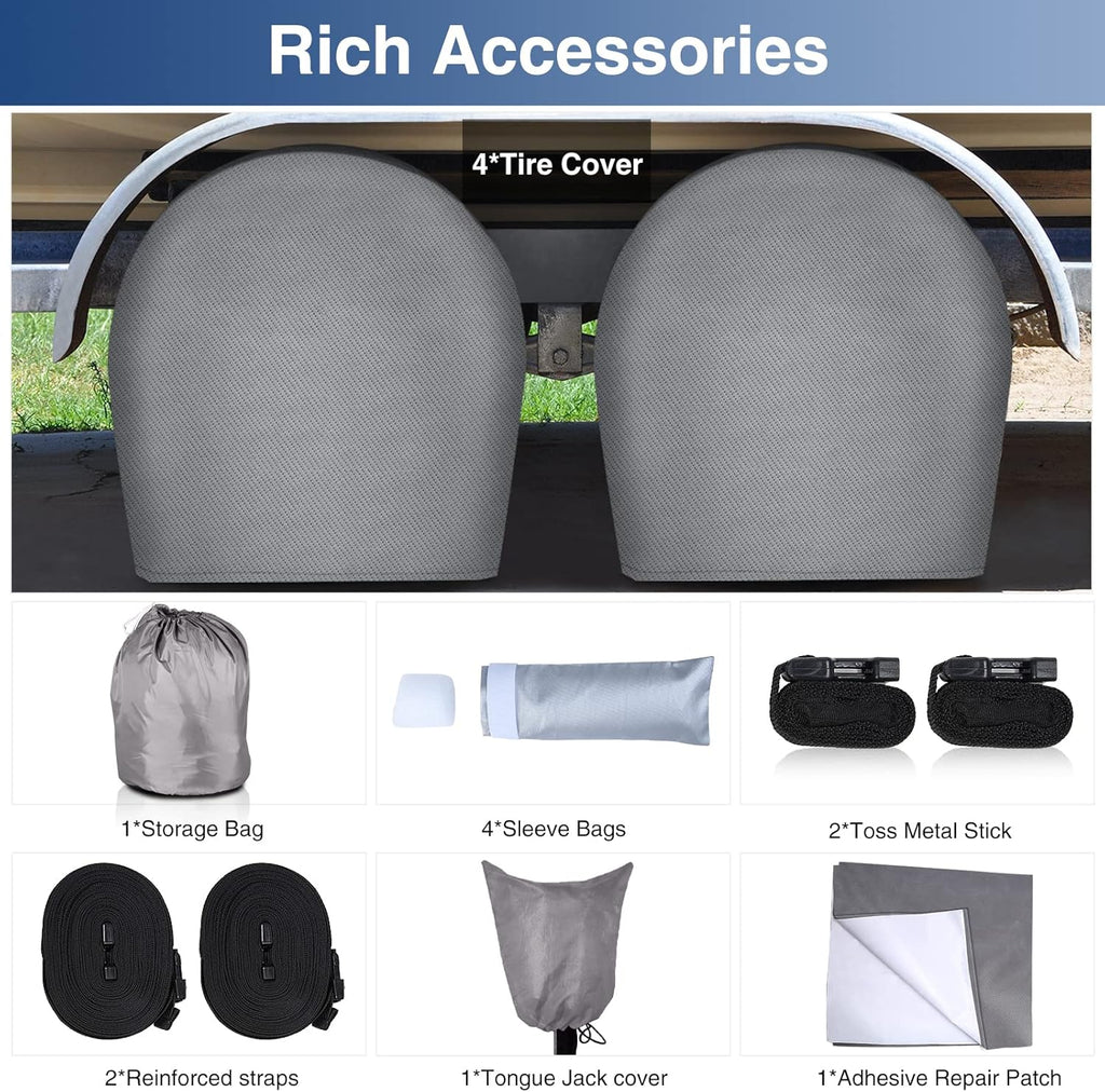 Upgraded Waterproof 500D Travel Trailer RV Cover with 4 Tire Covers, Tongue Jack Cover S59886