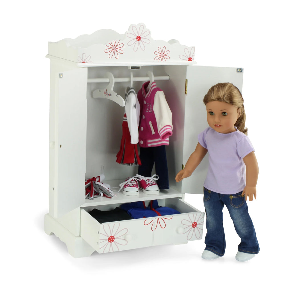 18 Inch Doll Clothes Storage Closet Armoire with 3 Notched Doll Clothes Hangers D96733