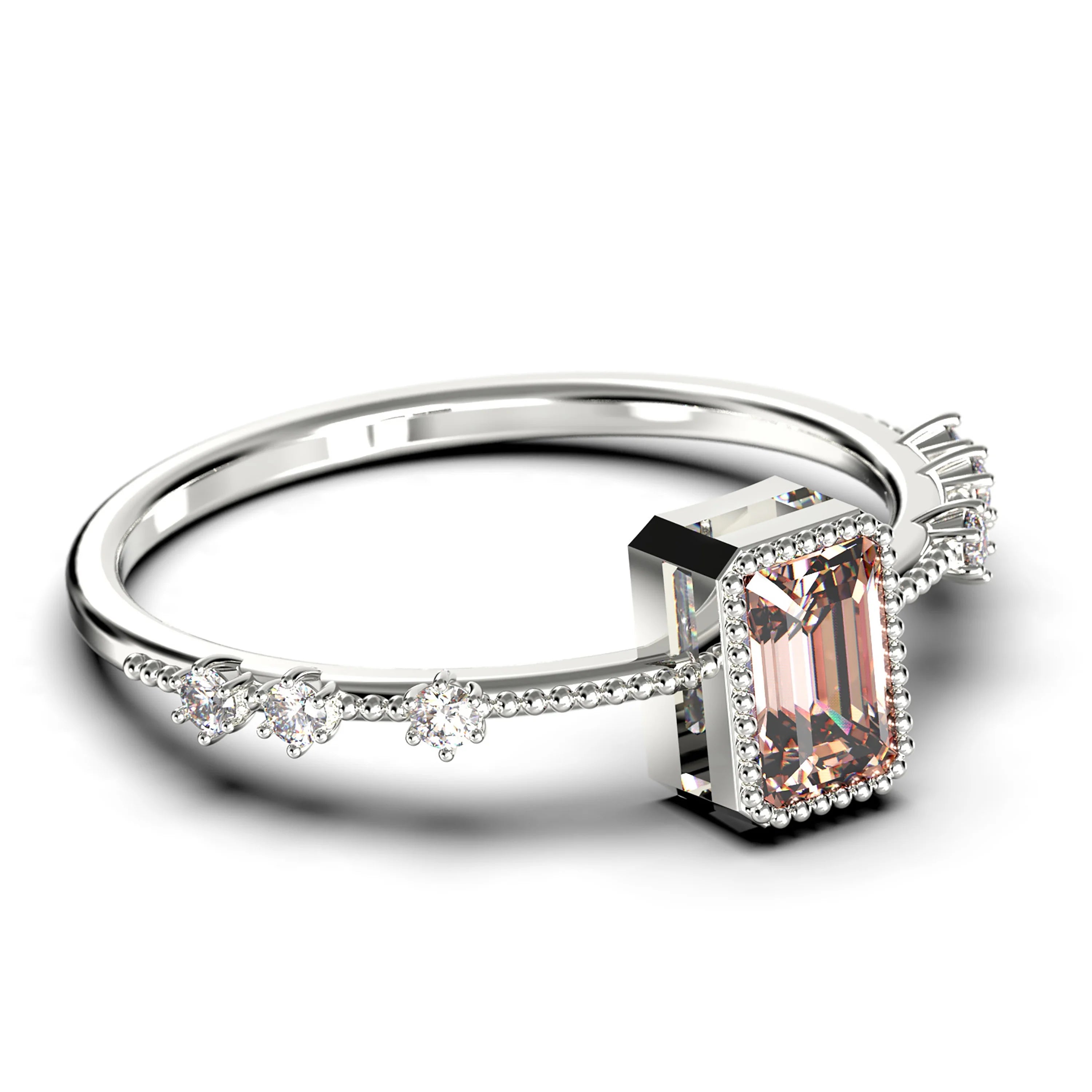 1.25 Carat Emerald Cut Morganite And Diamond Moissanite Thin Engagement Ring in 925 Sterling Silver With 18k White Gold Plating D85379