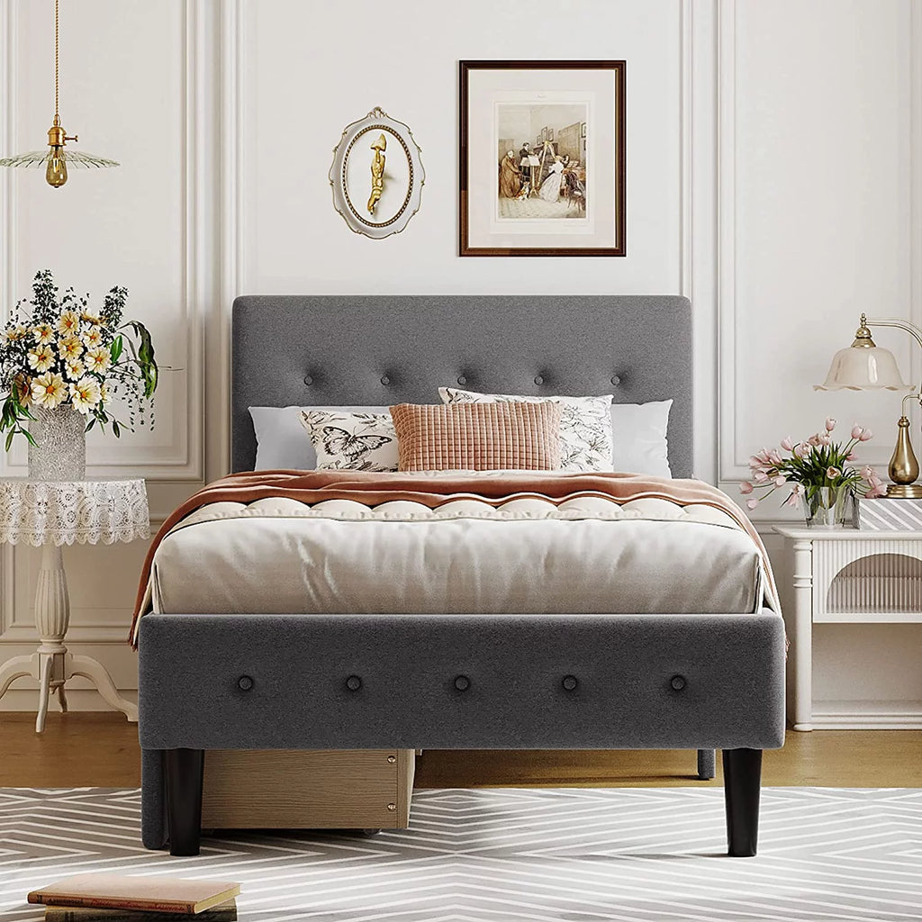 Beige Twin Size Upholstered Bed Frame with Headboard and Storage Underneath U2777