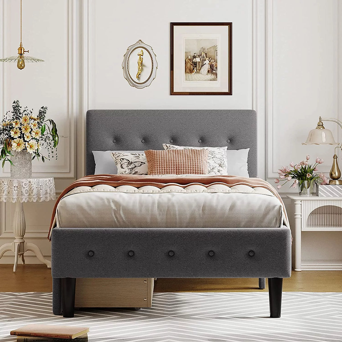 Beige Twin Size Upholstered Bed Frame with Headboard and Storage Underneath U2777