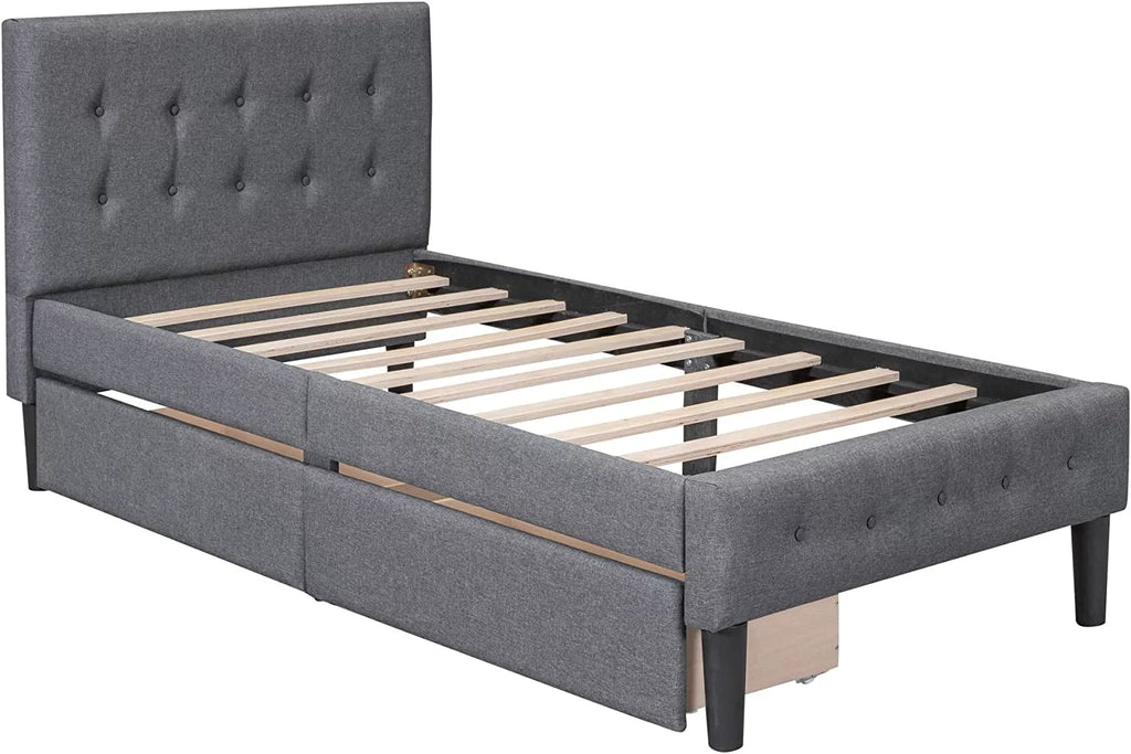 Beige Twin Size Upholstered Bed Frame with Headboard and Storage Underneath U2777