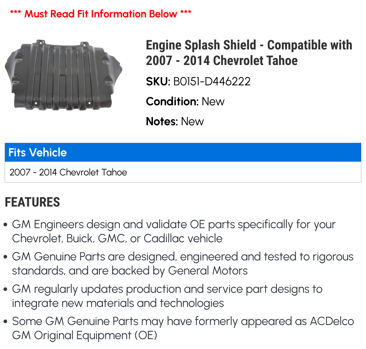 Engine Splash Shield for Chevy Tahoe U542
