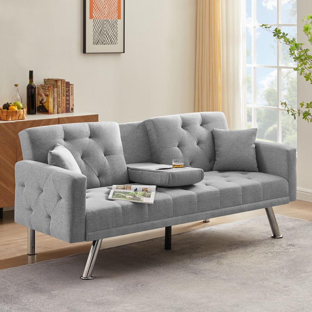 76 Inch Linen Convertible Futon Sofa Bed with Cup Holders Grey N319