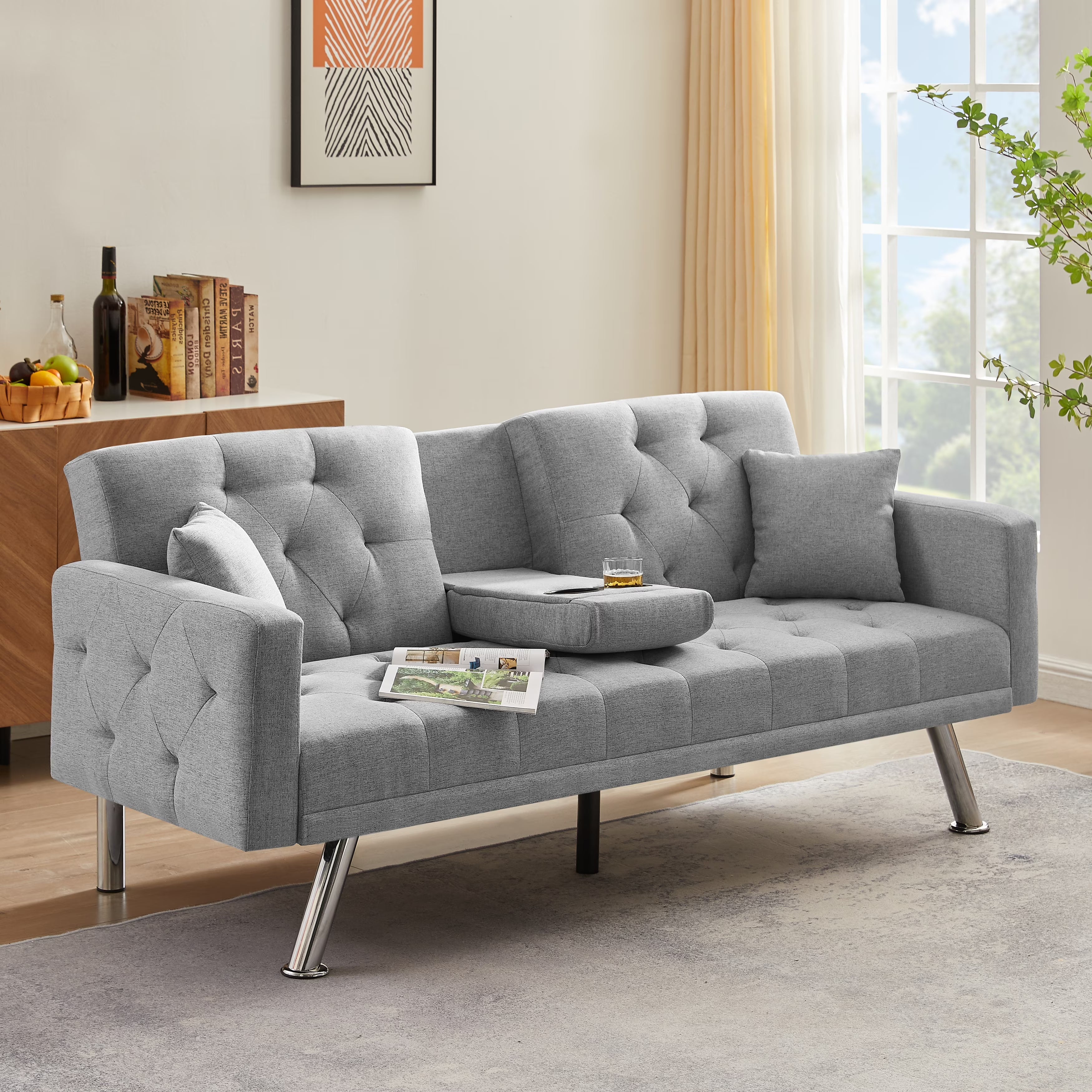 76 Inch Linen Convertible Futon Sofa Bed with Cup Holders Grey N319
