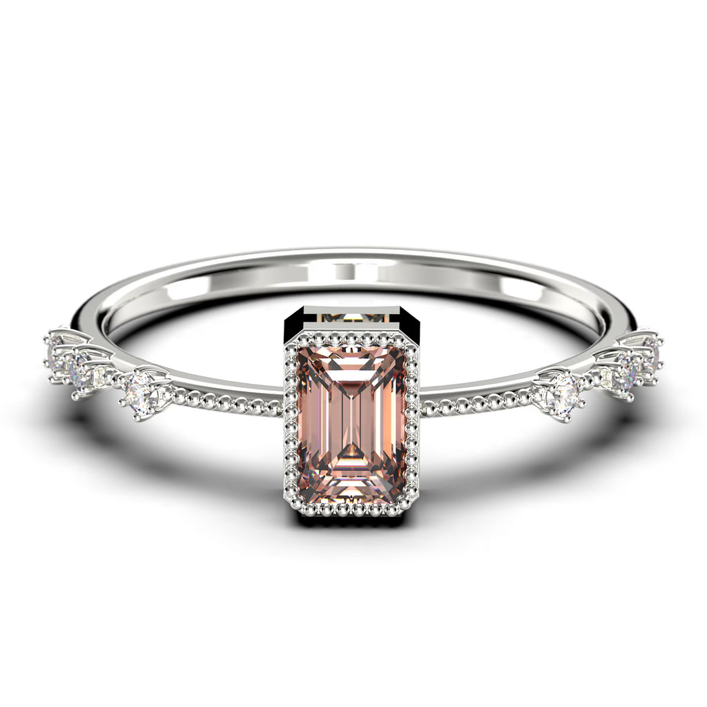 1.25 Carat Emerald Cut Morganite And Diamond Moissanite Thin Engagement Ring in 925 Sterling Silver With 18k White Gold Plating D85379
