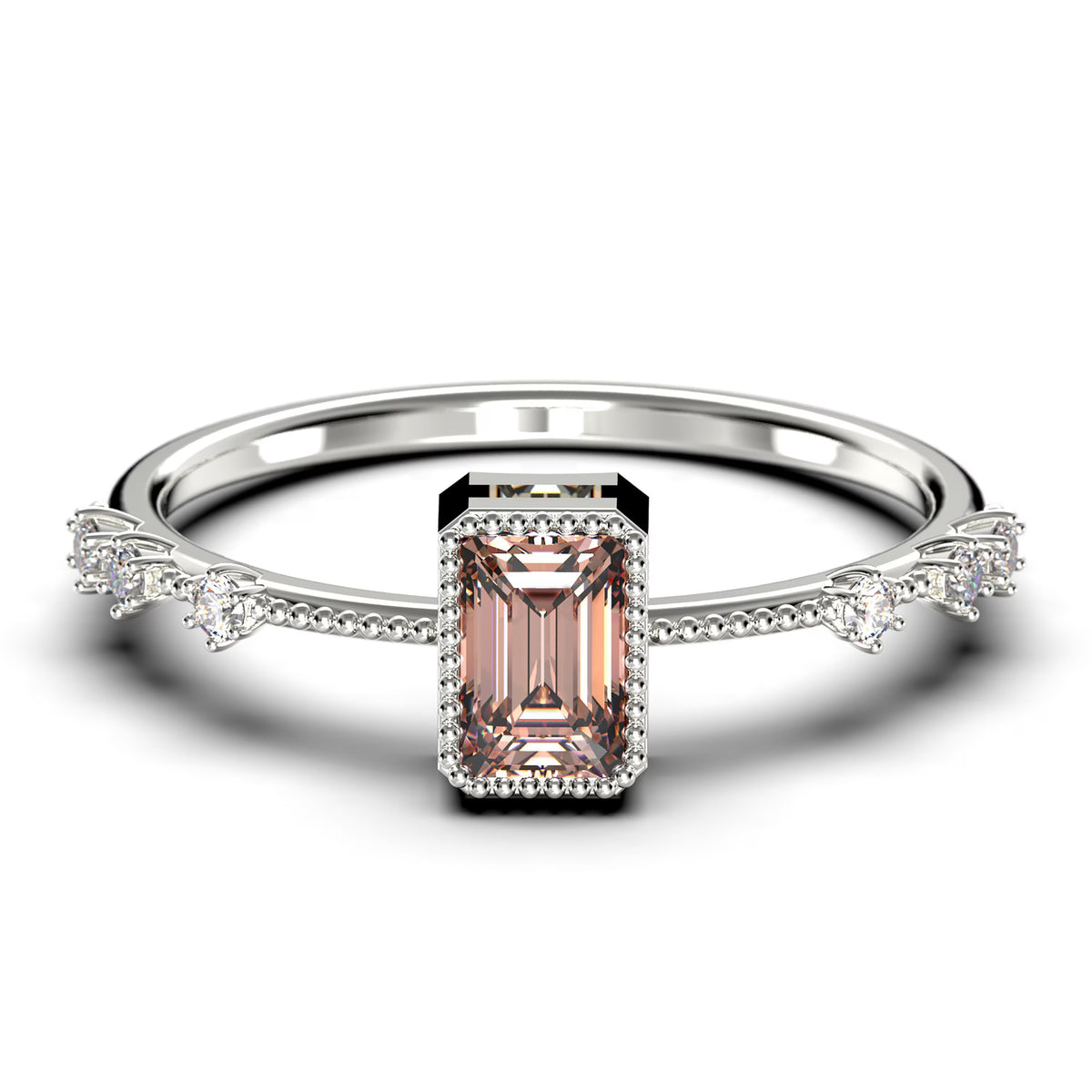 1.25 Carat Emerald Cut Morganite And Diamond Moissanite Thin Engagement Ring in 925 Sterling Silver With 18k White Gold Plating D85379