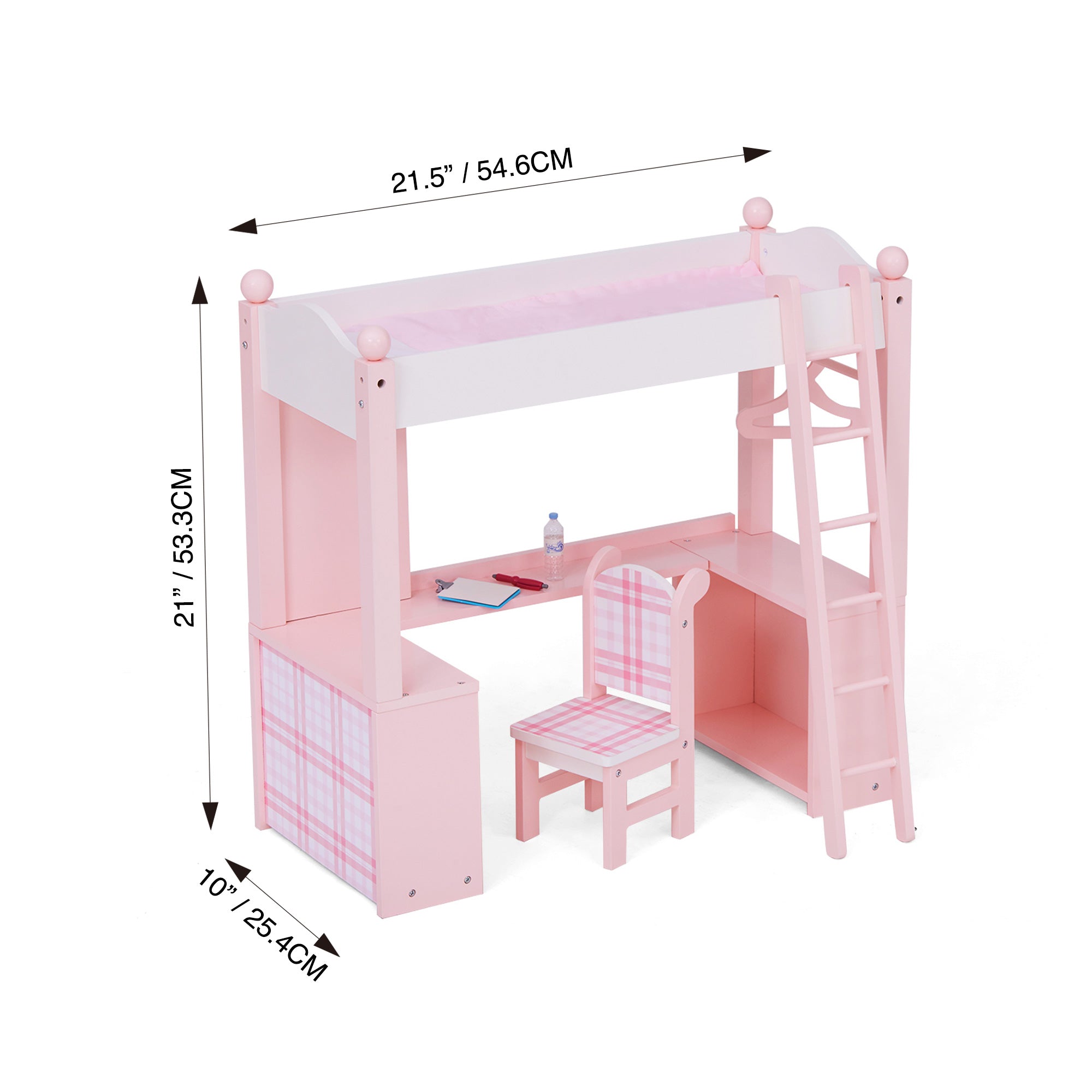 Pink Loft Bed, Desk, Chair, & Accessories for 18" Dolls I4101