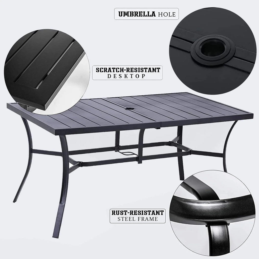 Black Rectangle Metal Patio Dining Table with Umbrella Hole K20801