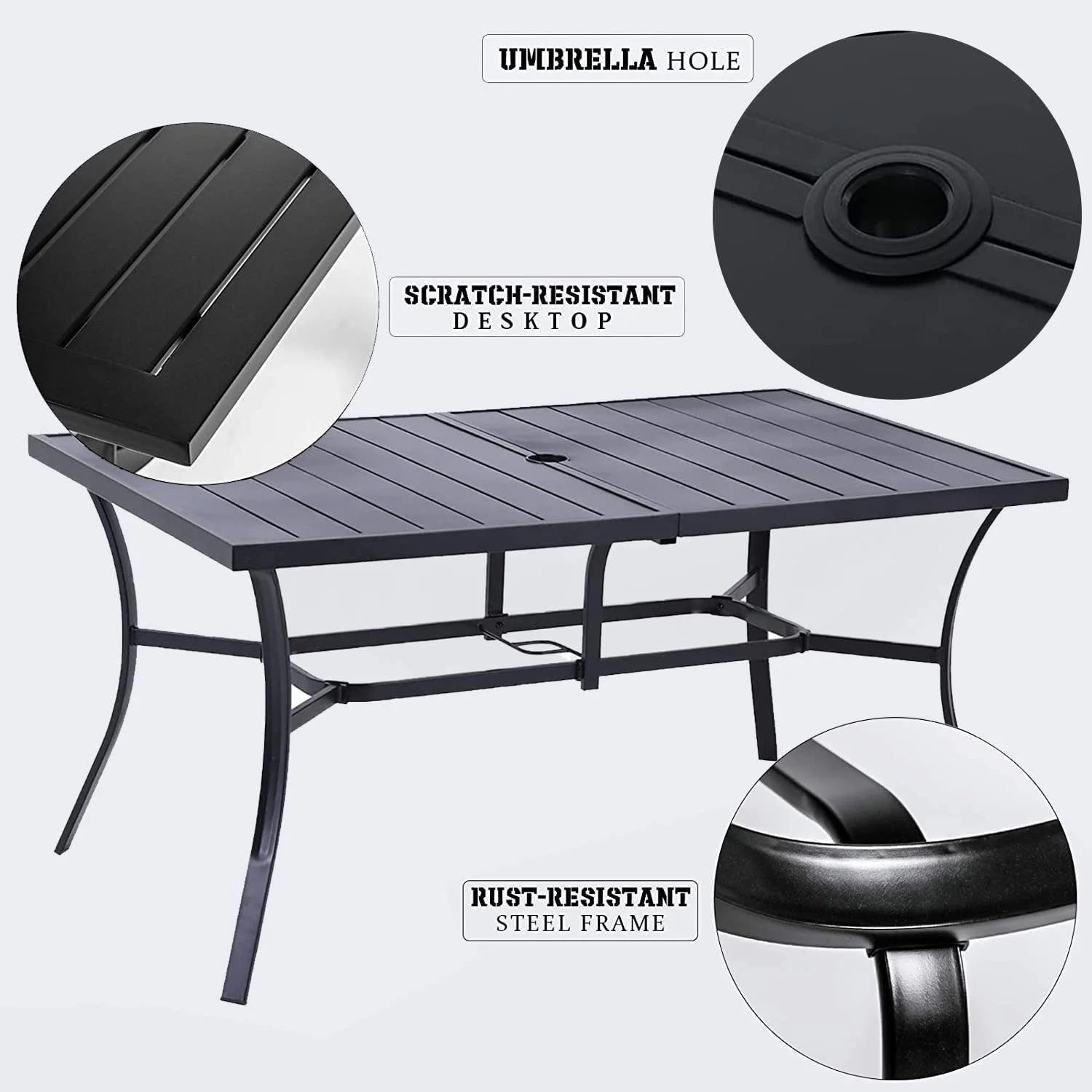 Black Rectangle Metal Patio Dining Table with Umbrella Hole K20801