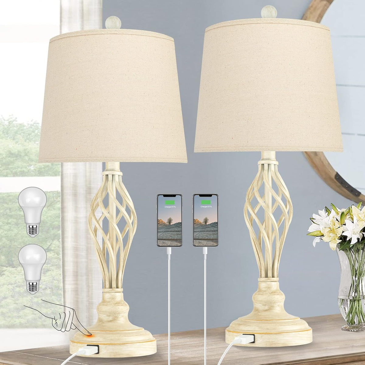 Touch Control Table Lamp Set of 2, 3-Way Dimmable with USB Port, Daylight White 5000K Z776