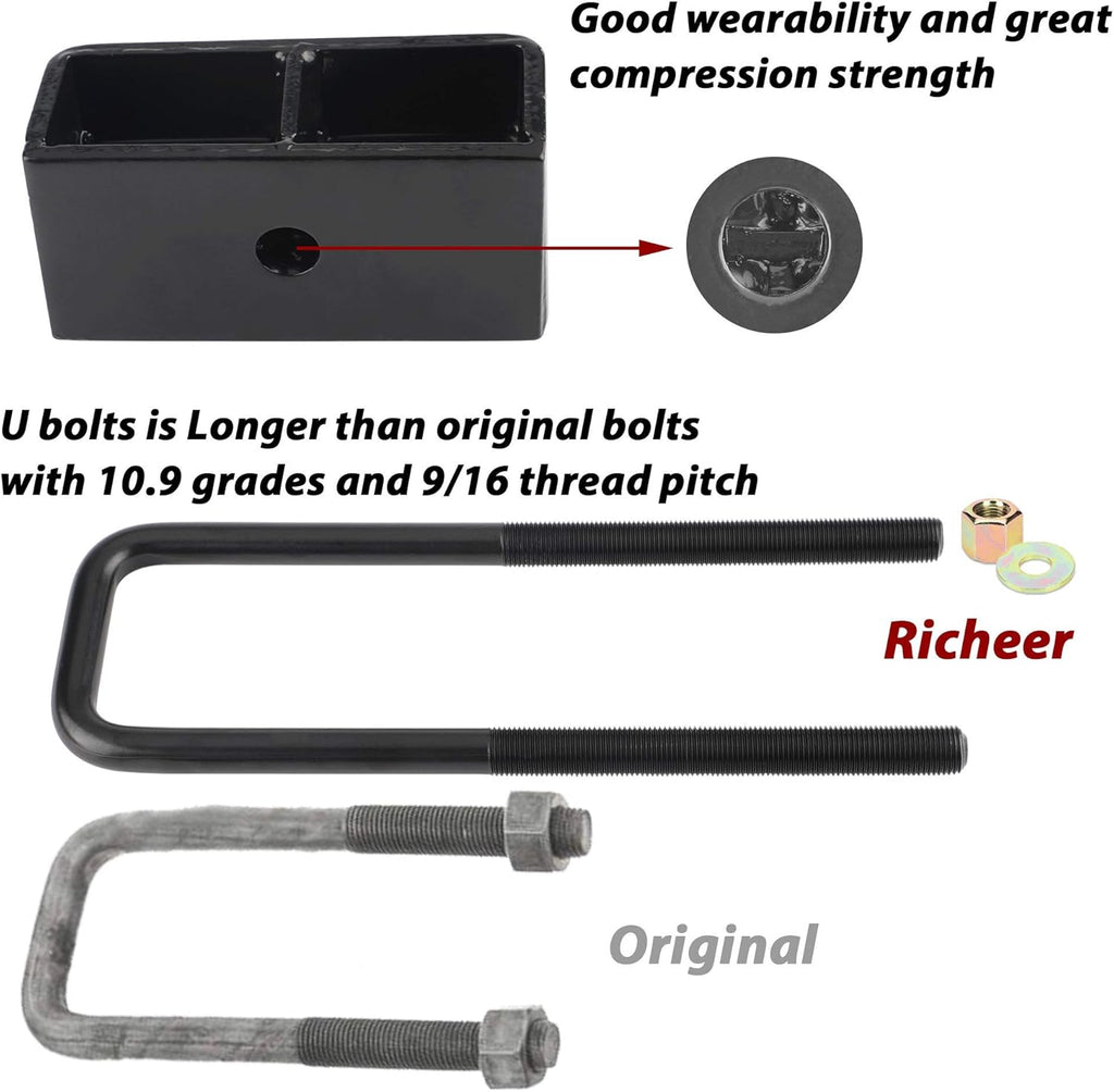 2'' Rear Black Leveling Lift Block Kit Square U-Bolts Pack of 2 S371273