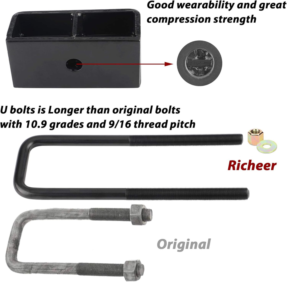 2'' Rear Black Leveling Lift Block Kit Square U-Bolts Pack of 2 S371273