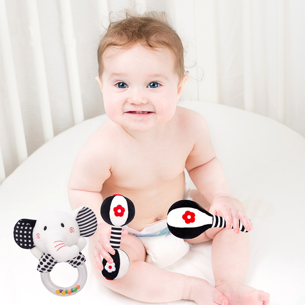 3Pcs Black & White Baby Rattles Set Plush Rattle Toy S4825