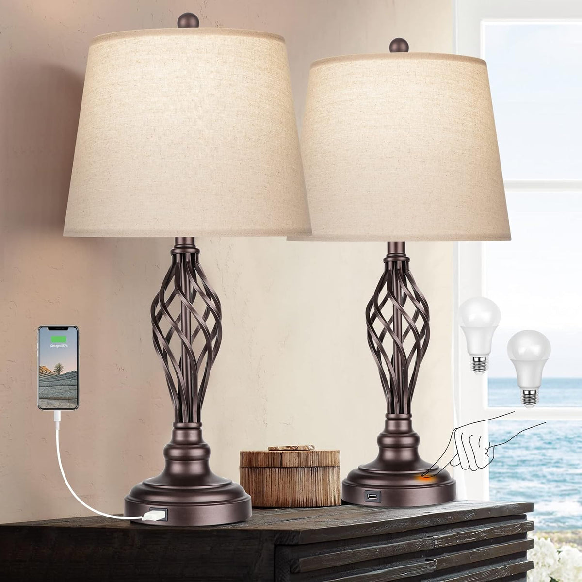 Touch Control Table Lamp Set of 2, 3-Way Dimmable with USB Port, Daylight White 5000K Z776