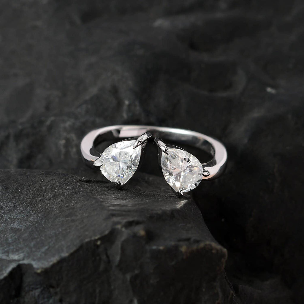 Moissanite Pear 10K White Gold Bypass Openable Tear Drop Ring Size 8 Ct 1.15 D850