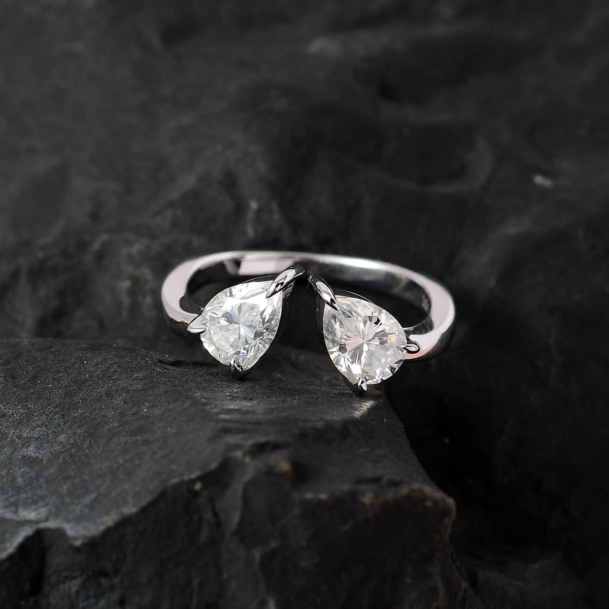 Moissanite Pear 10K White Gold Bypass Openable Tear Drop Ring Size 8 Ct 1.15 D850