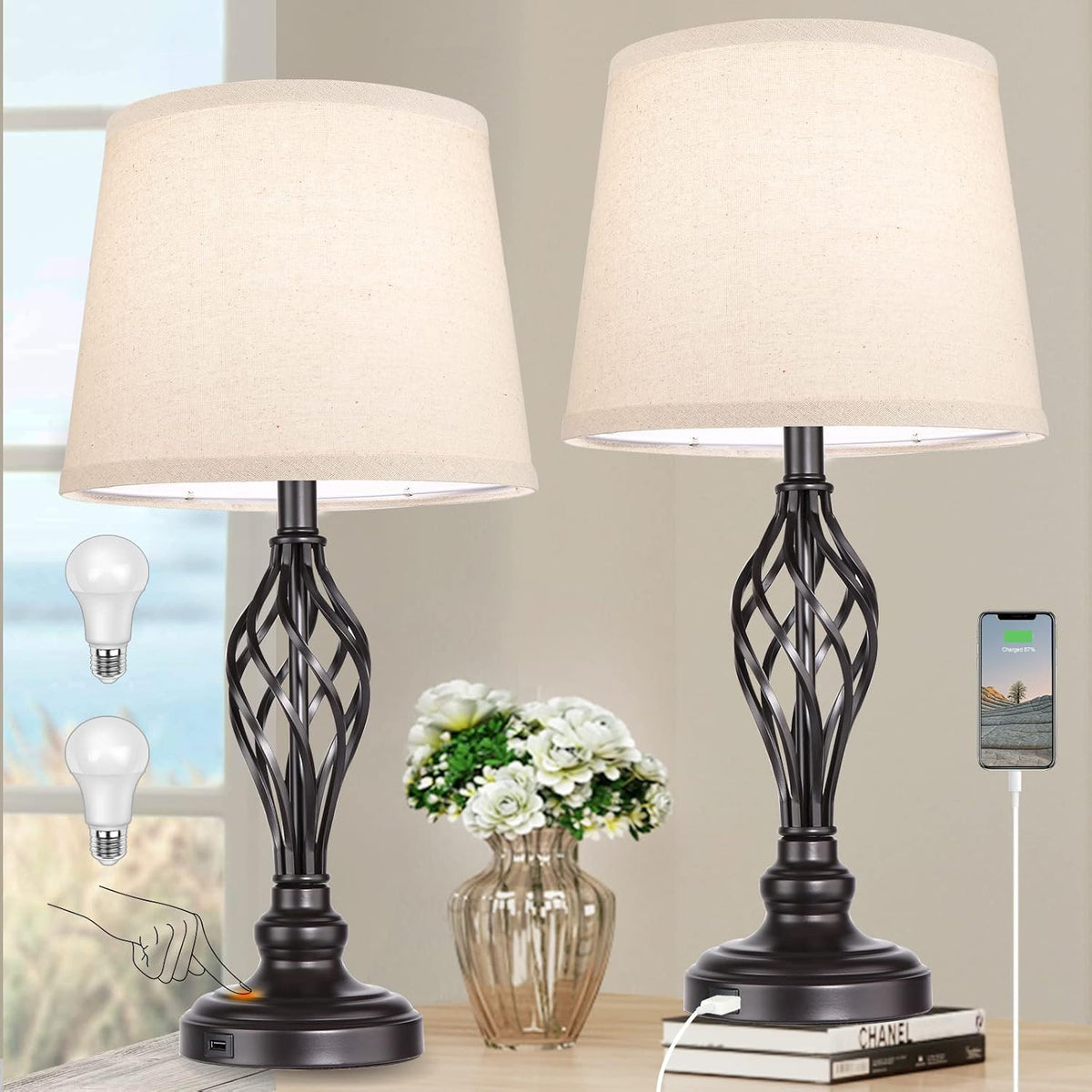 Touch Control Table Lamp Set of 2, 3-Way Dimmable with USB Port, Daylight White 5000K Z776