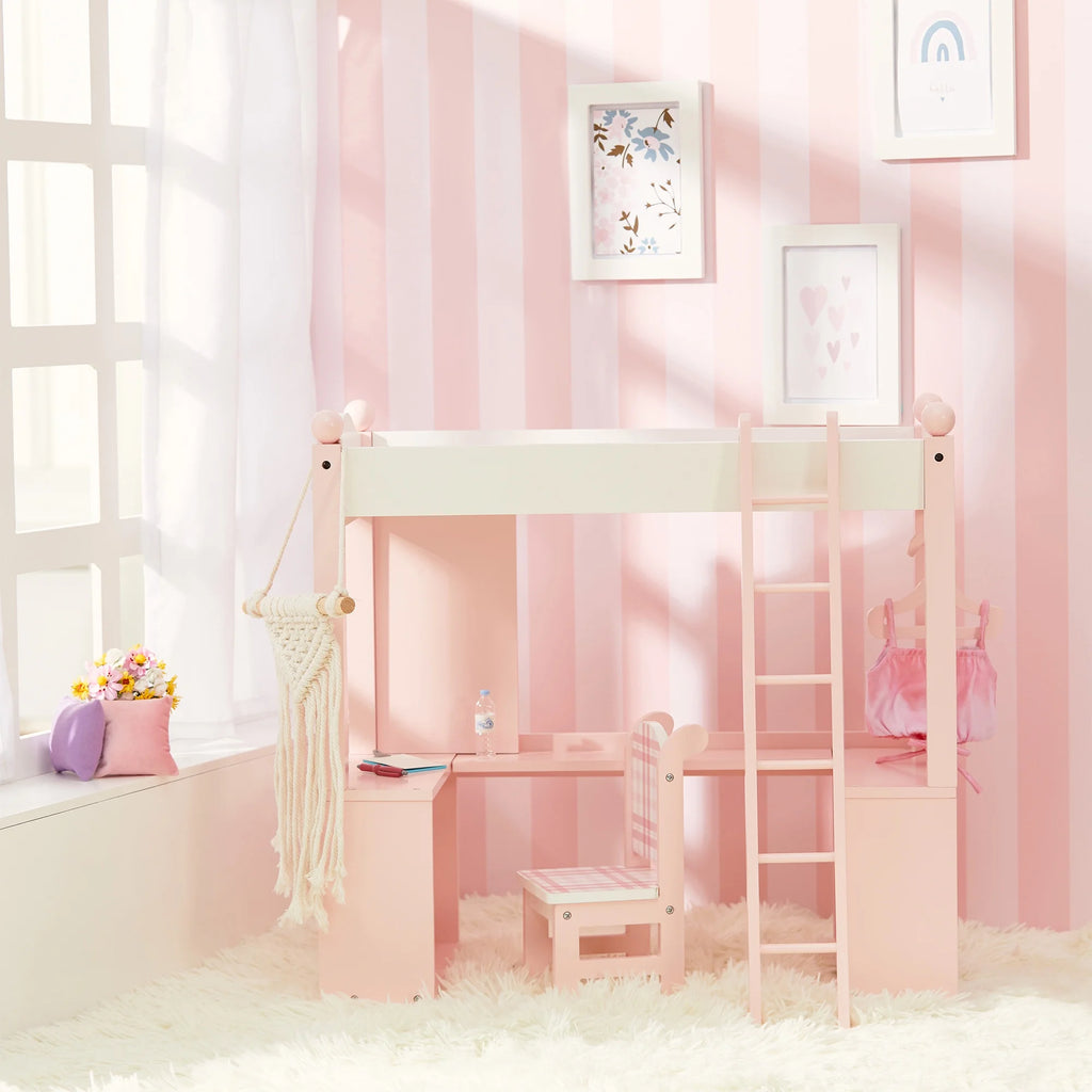 Pink Loft Bed, Desk, Chair, & Accessories for 18" Dolls I4101