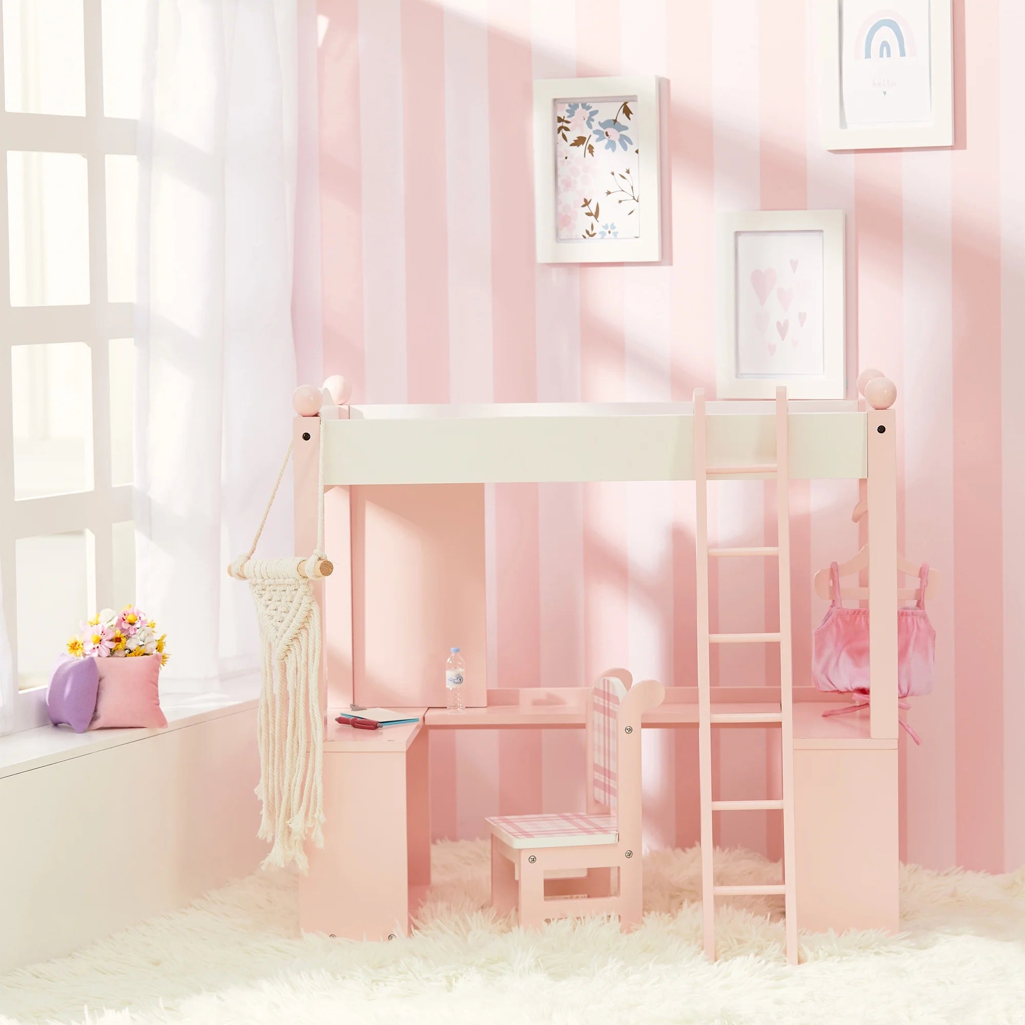 Pink Loft Bed, Desk, Chair, & Accessories for 18" Dolls I4101
