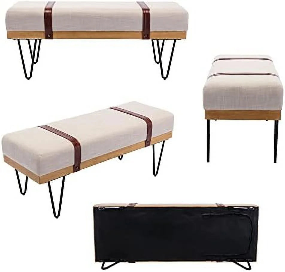 Grey Chenille Rectangle Ottoman Bench with Arms and Metal Legs M594693
