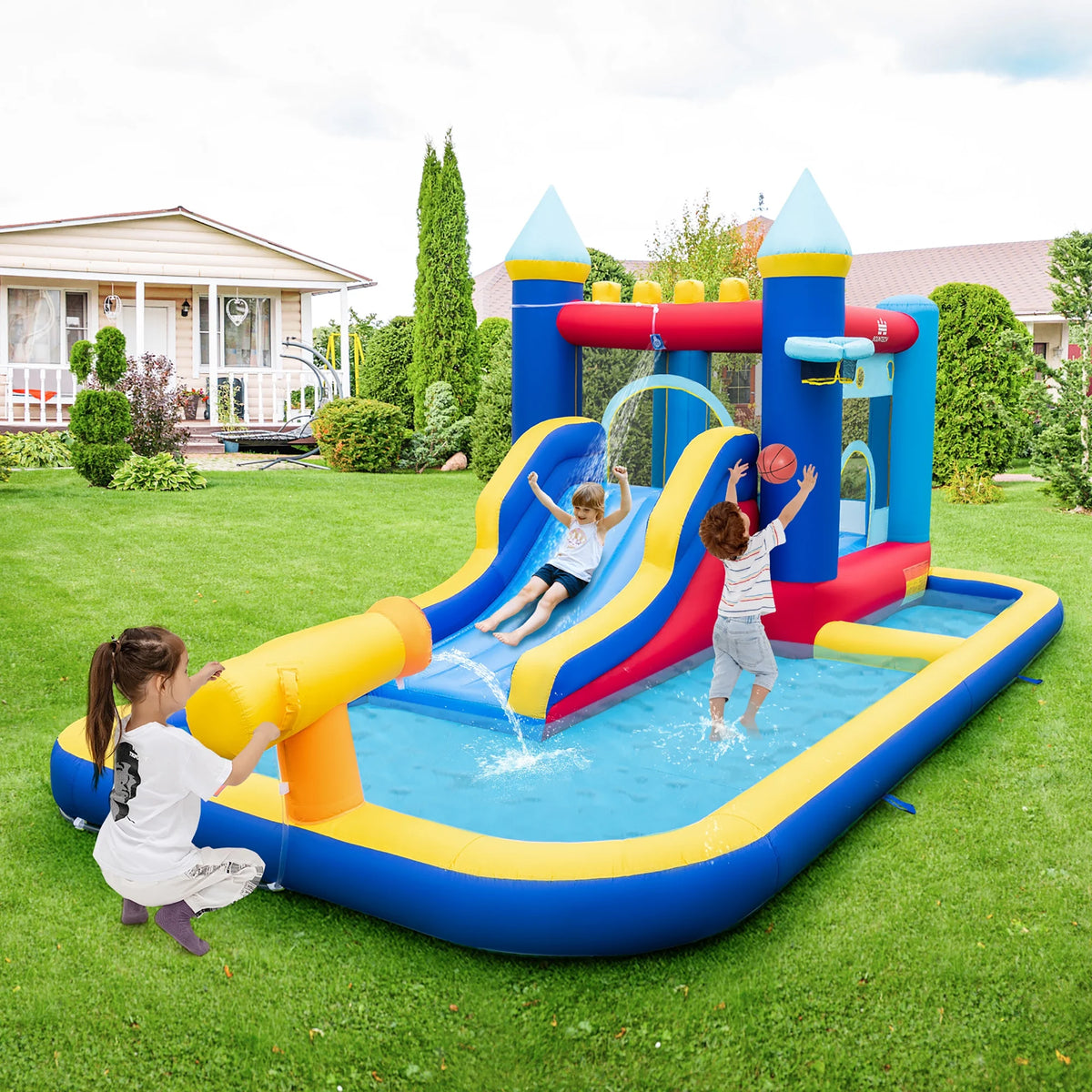 6-in-1 Inflatable Water Castle Bouncer with 50 Ocean Balls & 735W Blower P8537