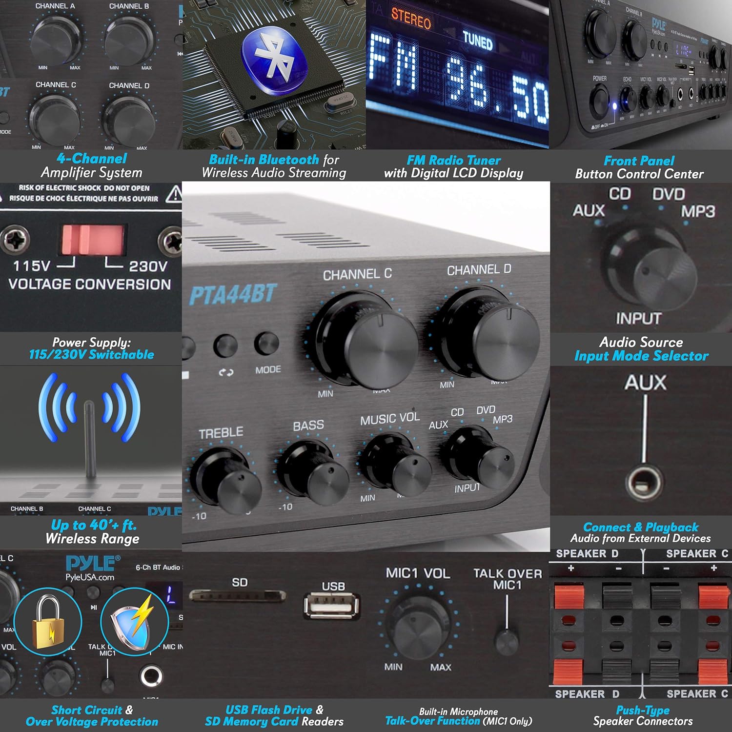 500W 4 Channel Bluetooth Amplifier with AUX IN, FM, USB, Microphone IN L14998