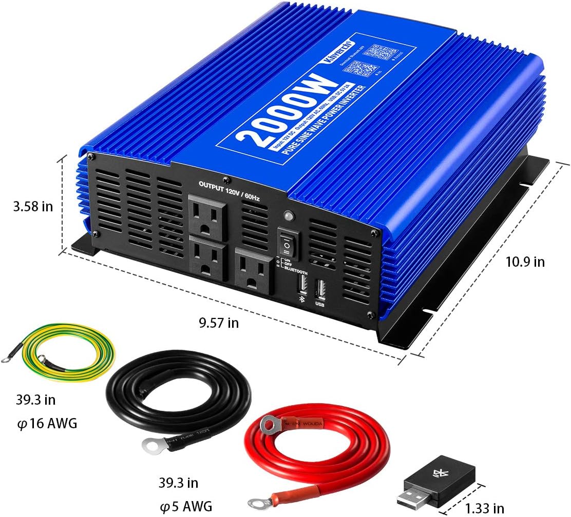 2000W Pure Sine Wave Power Inverter 12V DC to 110V AC with 3 AC Outlets & 1 USB Port E22456