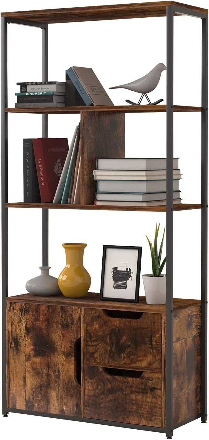 Industrial 4 Tier Bookshelf with 2 Drawers and Cabinet Y65152