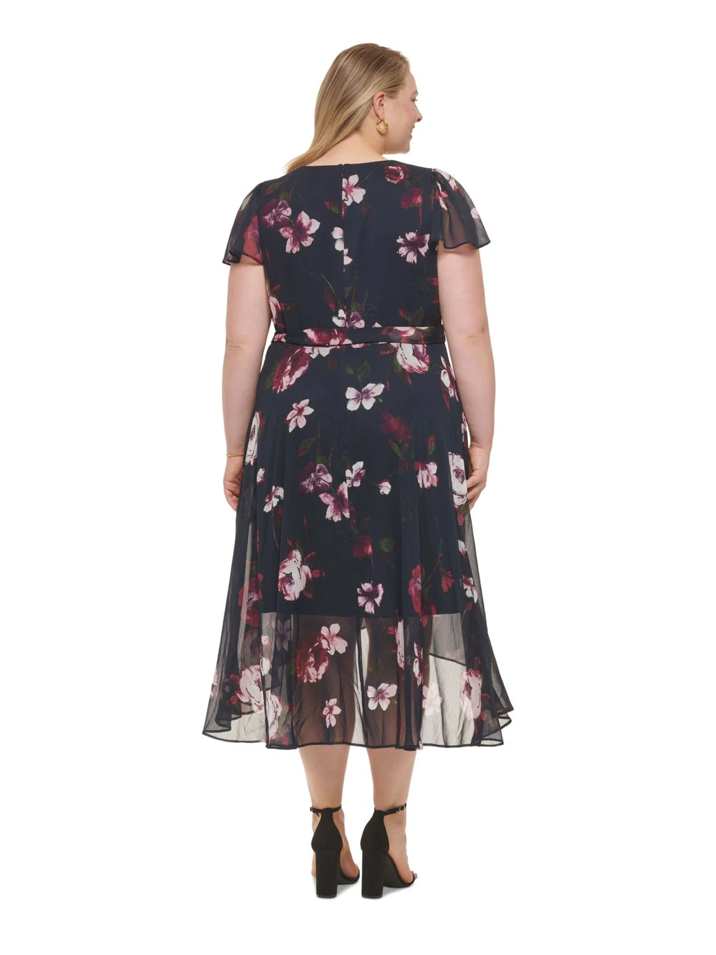 Navy Floral Short Sleeve Surplice Neckline Shift Dress Plus 20W D34523