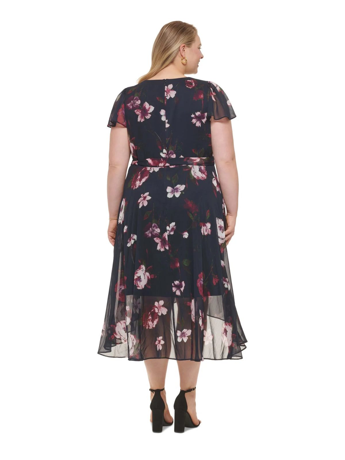 Navy Floral Short Sleeve Surplice Neckline Shift Dress Plus 20W D34523
