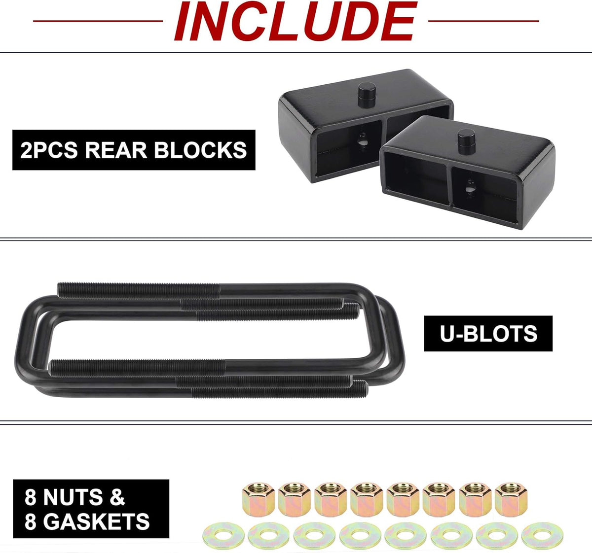 2'' Rear Black Leveling Lift Block Kit Square U-Bolts Pack of 2 S371273