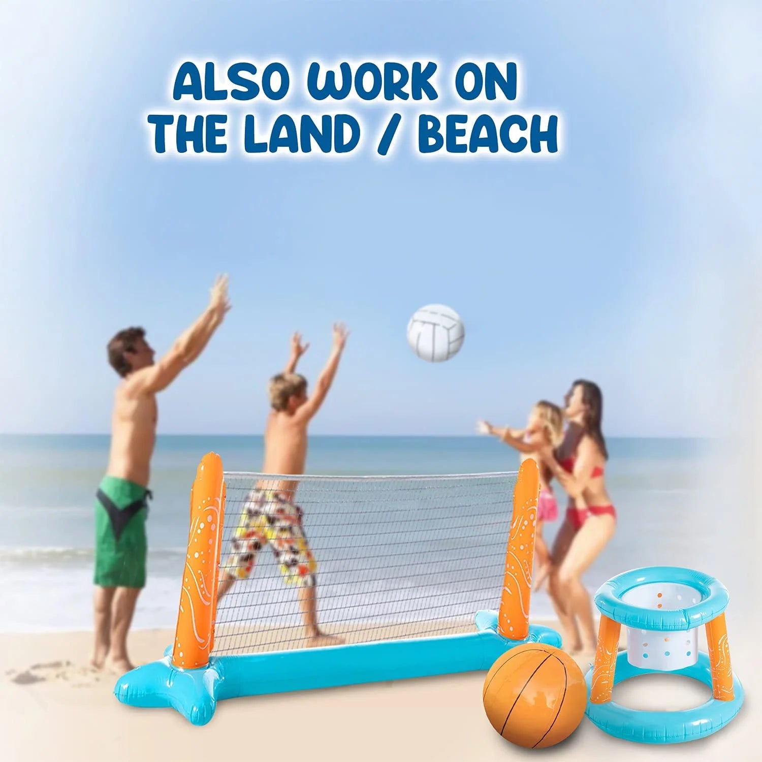 Light Blue Inflatable Pool Volleyball Set and Pool Basketball Hoops Balls N988207
