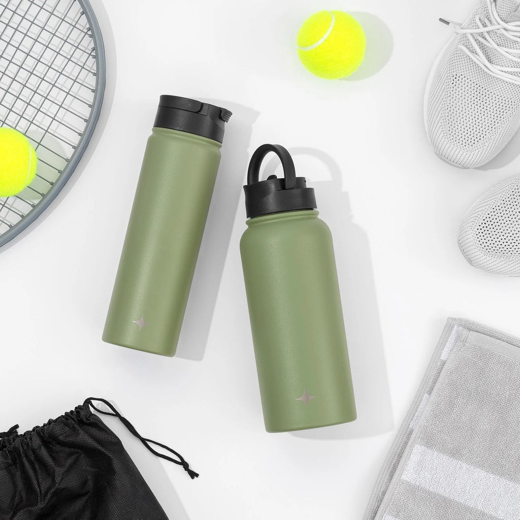 Green 32 oz Vacuum Insulated Water Bottle with Flip Lid & Sport Straw Lid W543030