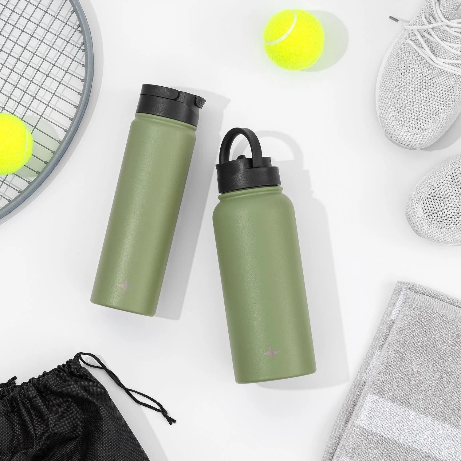 Green 32 oz Vacuum Insulated Water Bottle with Flip Lid & Sport Straw Lid W543030