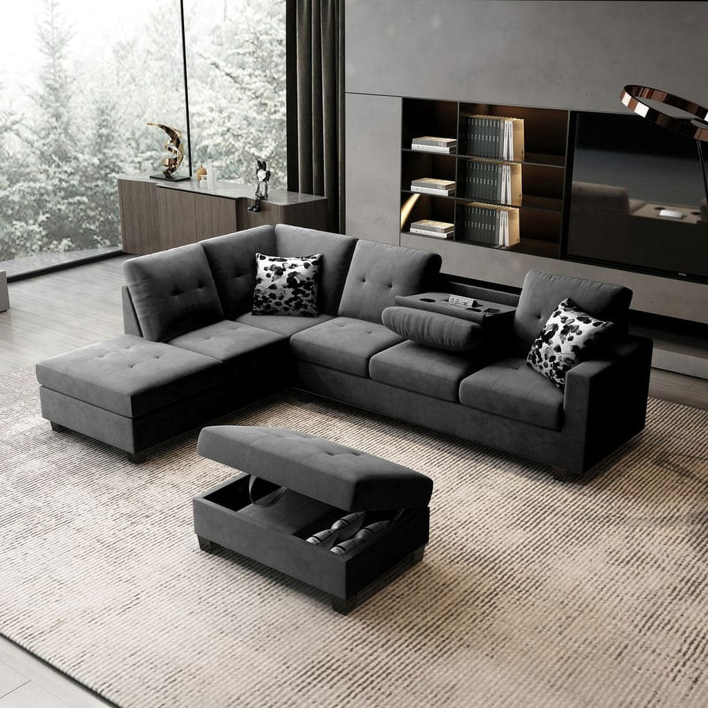 Dark Gray Velvet Reversible Sectional Sofa with Storage Ottoman G691