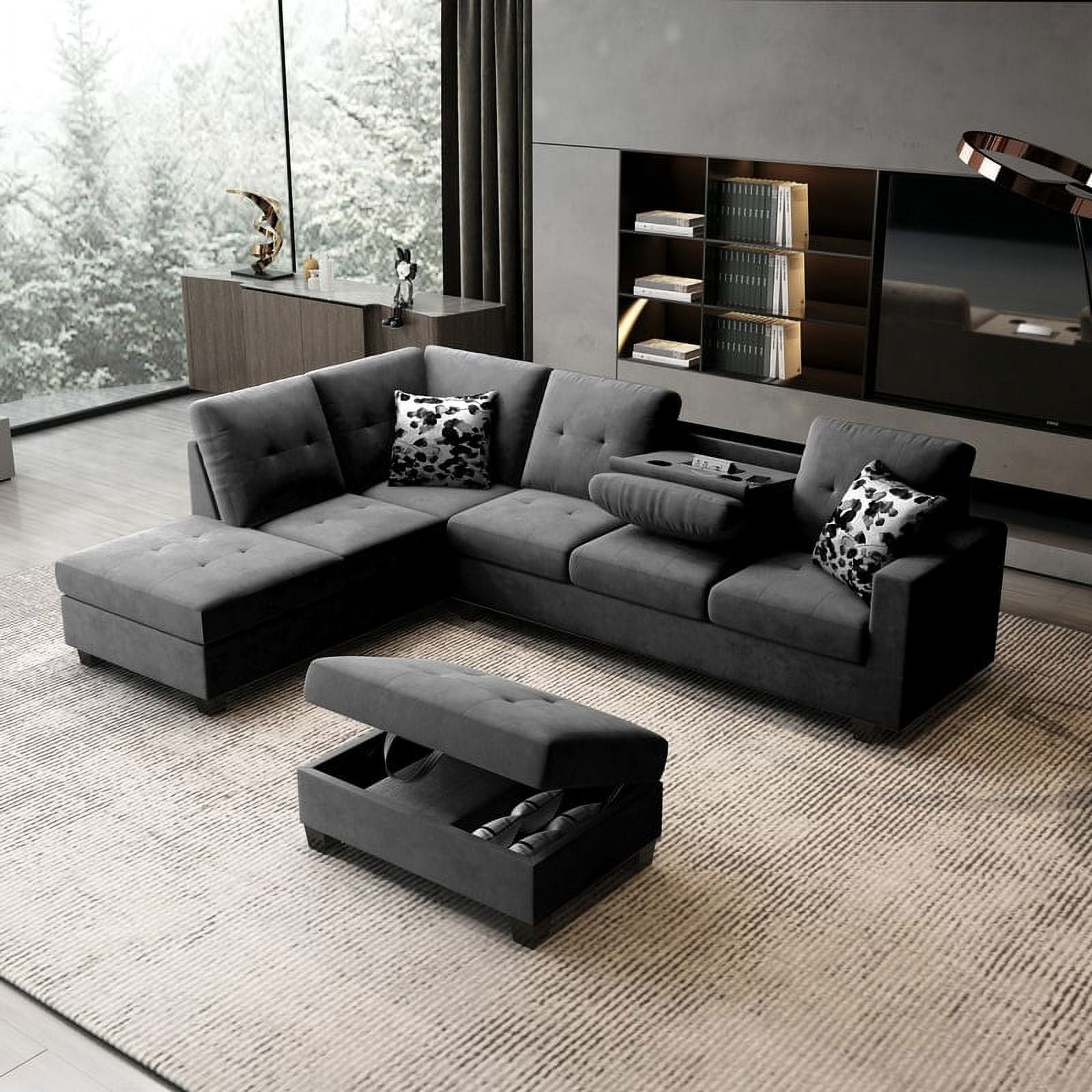 Dark Gray Velvet Reversible Sectional Sofa with Storage Ottoman G691