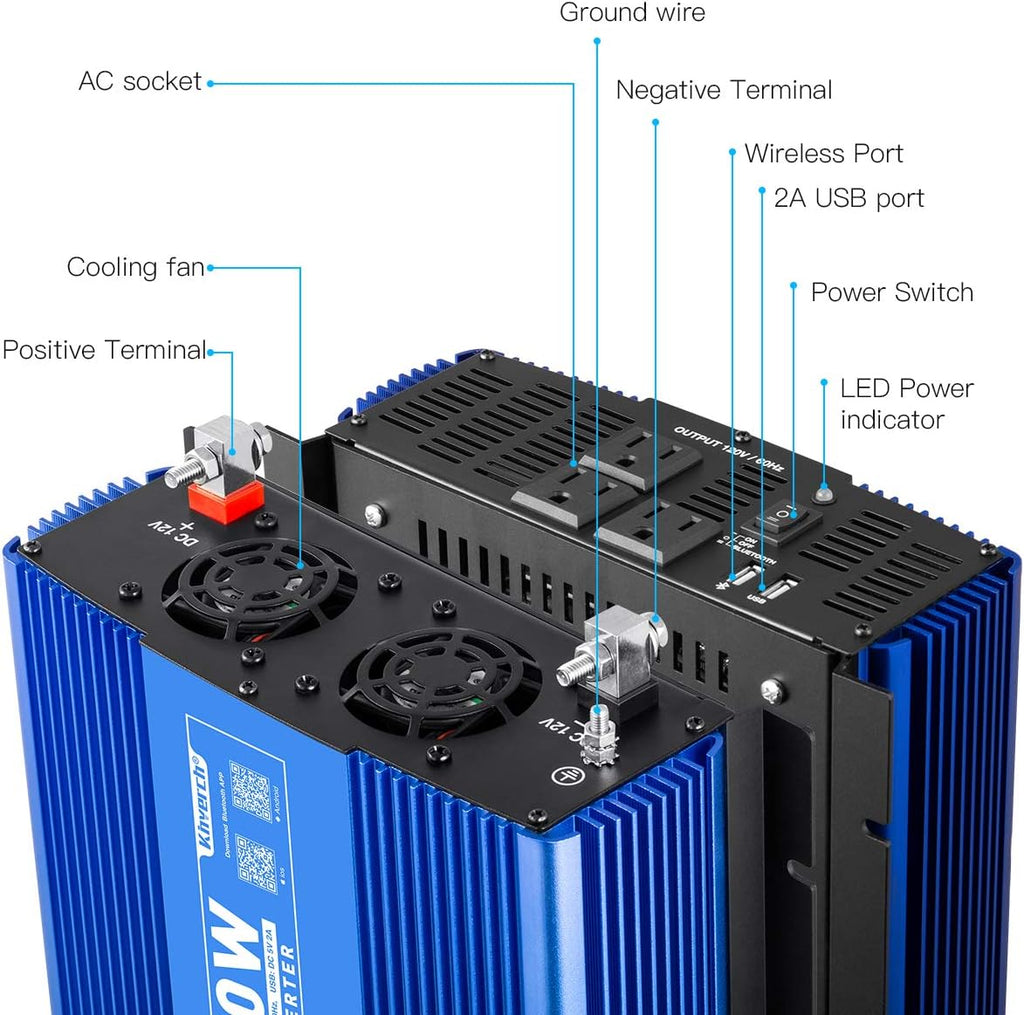 2000W Pure Sine Wave Power Inverter 12V DC to 110V AC with 3 AC Outlets & 1 USB Port E22456