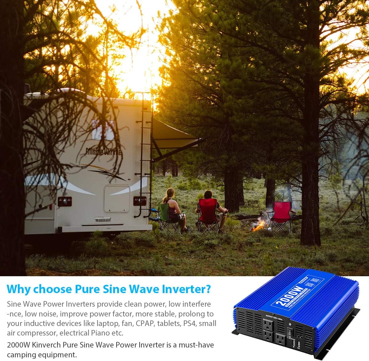 2000W Pure Sine Wave Power Inverter 12V DC to 110V AC with 3 AC Outlets & 1 USB Port E22456