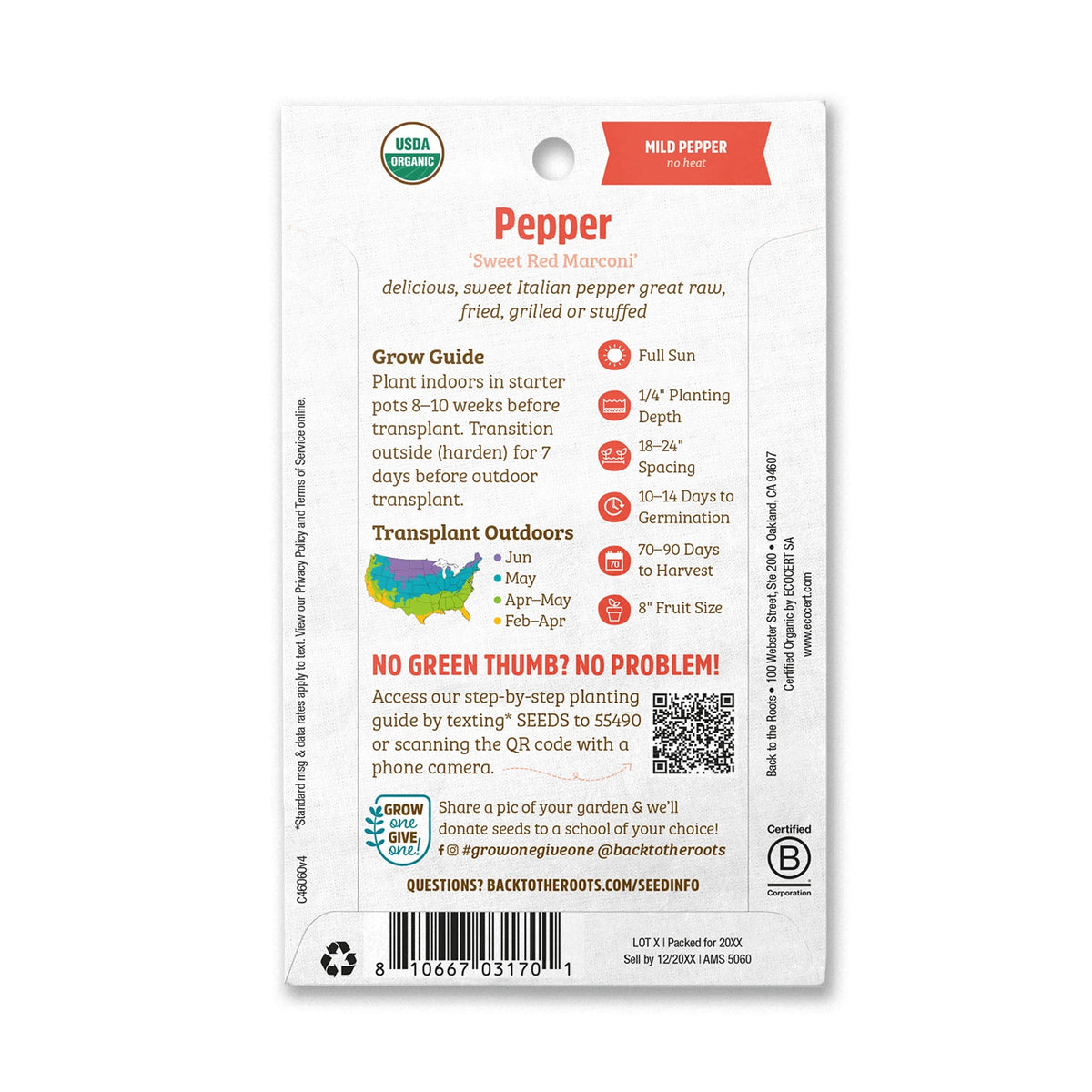 Organic Sweet Red Marconi Pepper Seeds, 1 Seed Packet B691