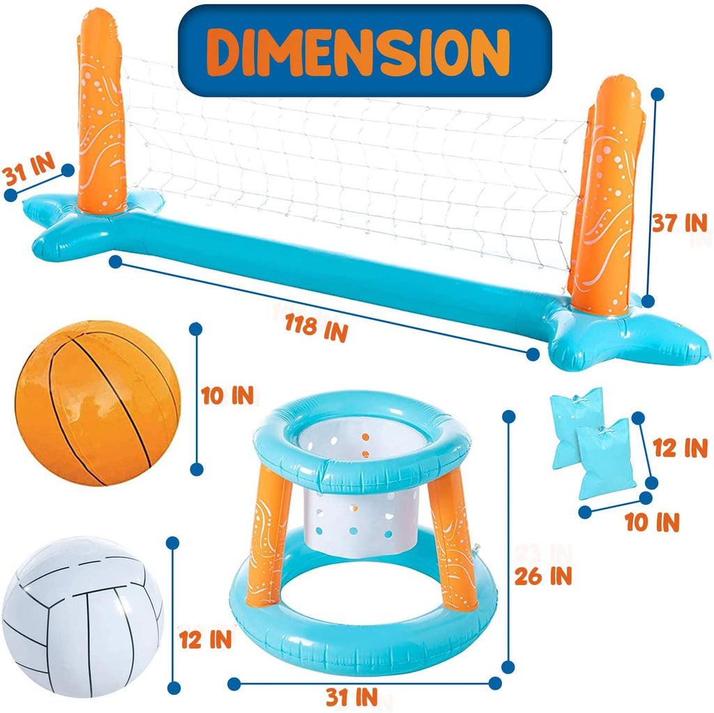 Light Blue Inflatable Pool Volleyball Set and Pool Basketball Hoops Balls N988207