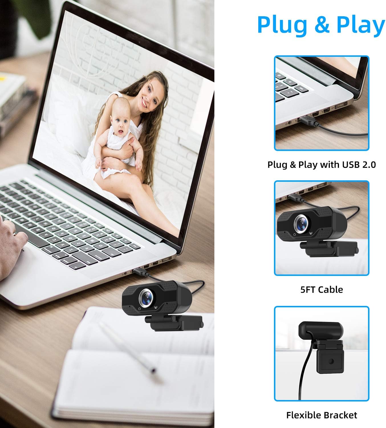 PC Webcam with Microphone and Cover, Full HD 1080P USB, 120-Degree View Angle V705